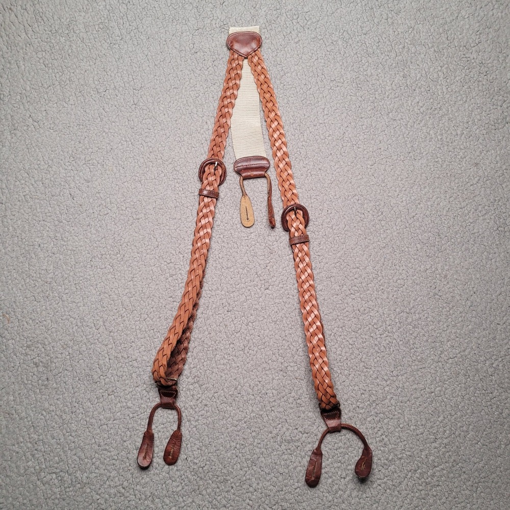 VTG Brighton Suspenders Brown Leather Woven Y Back Button Braces Adjustable USA